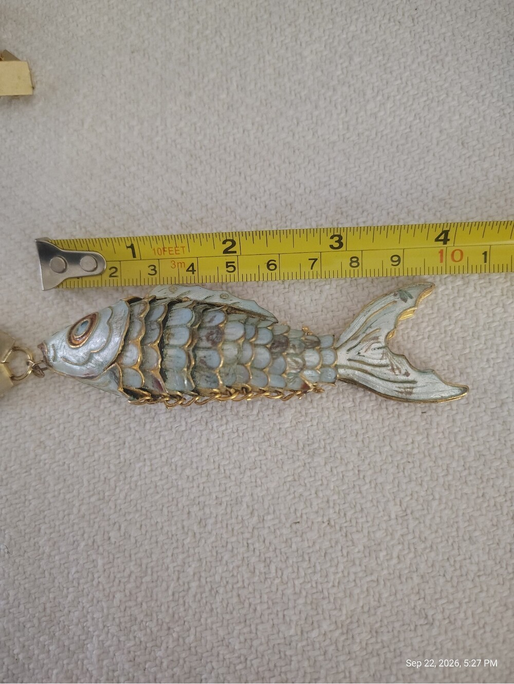 Vintage Cloisonne Articulated Fish Pendant Necklace with Gold Tone Chain